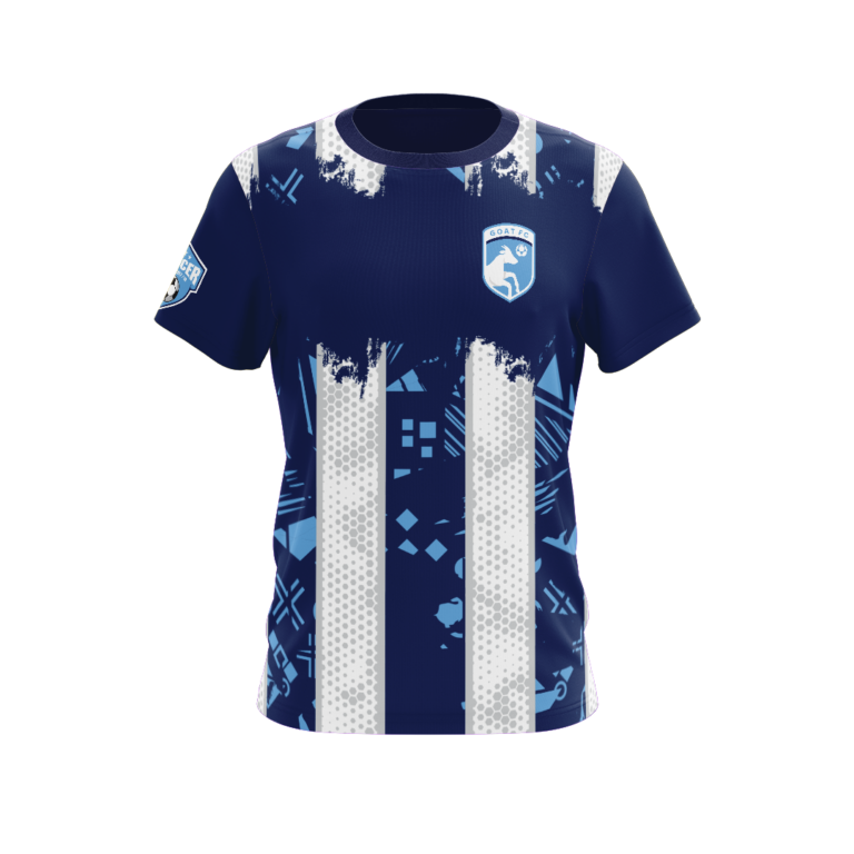 a front view of blue and white designed shirt