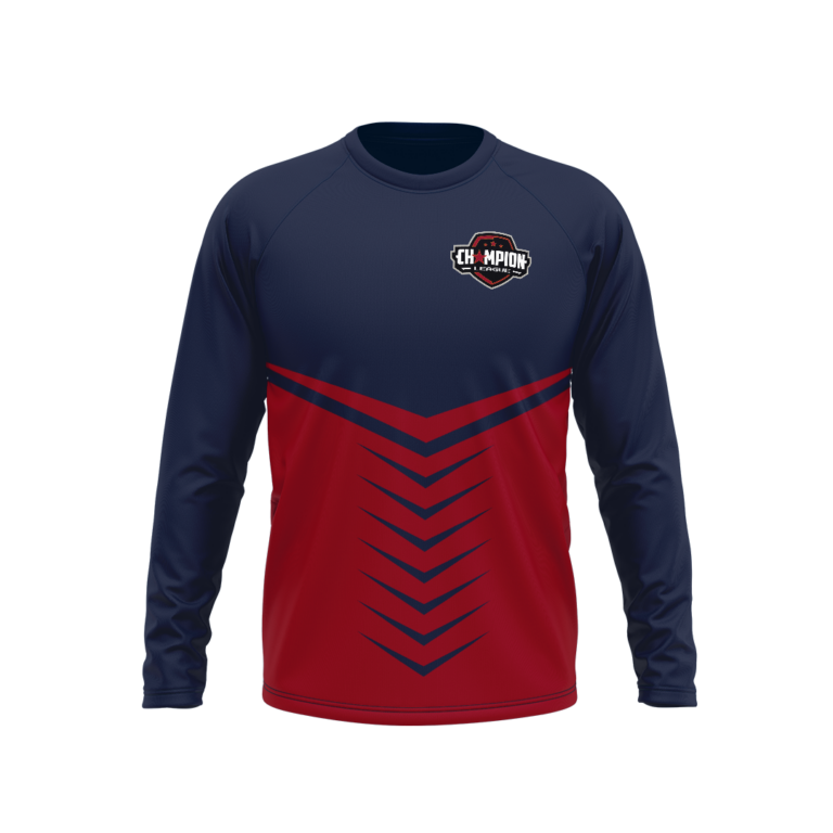 a front view of navy and red designed shirt
