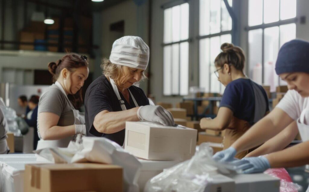 A busy team efficiently packs custom uniforms.